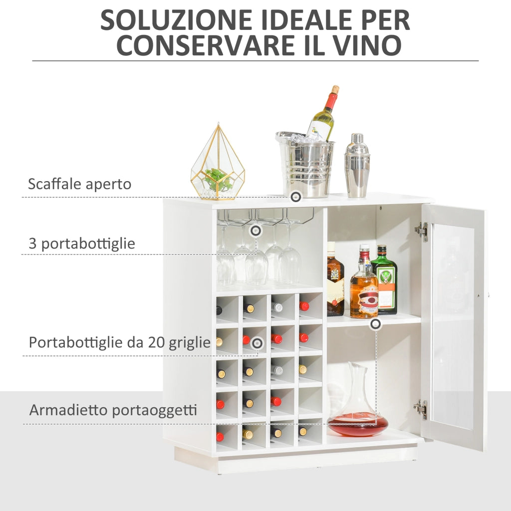 Mobiletto Portabottiglie per Vino con Porta Calici e Armadietto, Cantinetta 20 Bottiglie Bianco, Robusto per Casa, 80x36x85 cm