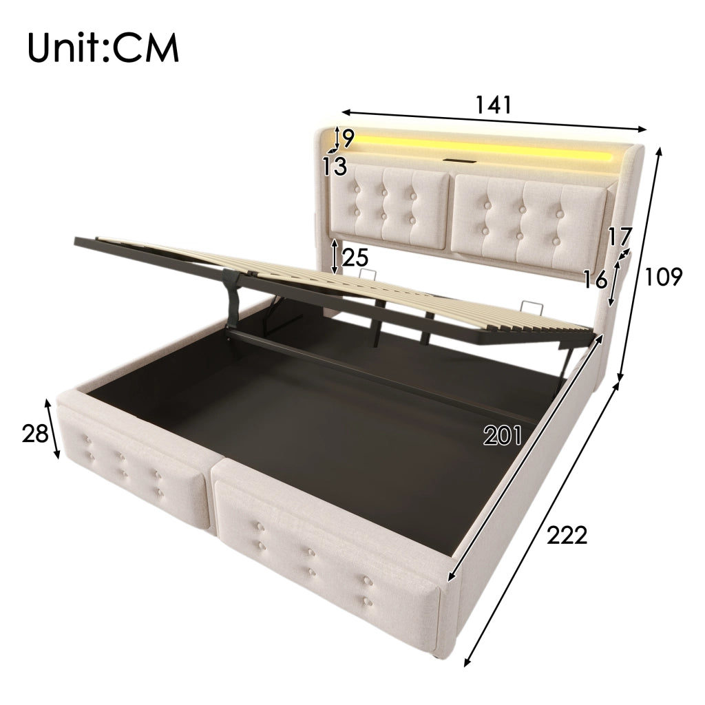 Letto Imbottito Contenitore 140x200 con Testiera LED e USB ¨C MINIMAL ¨C Beige, Cotone, Doghe in Legno