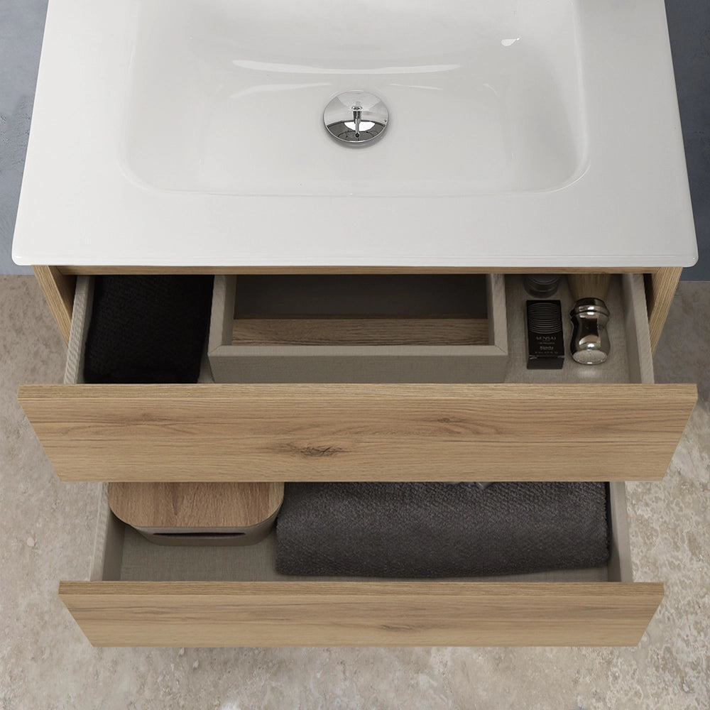 Mobile bagno sospeso 60cm in legno quercia naturale 2 cassettoni con lavabo Leda