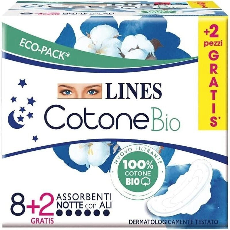 LINES ASSORBENTI COTONE BIO ULTRA NOTTE  CON ALI IN CONFEZIONE 8+2 PEZZI