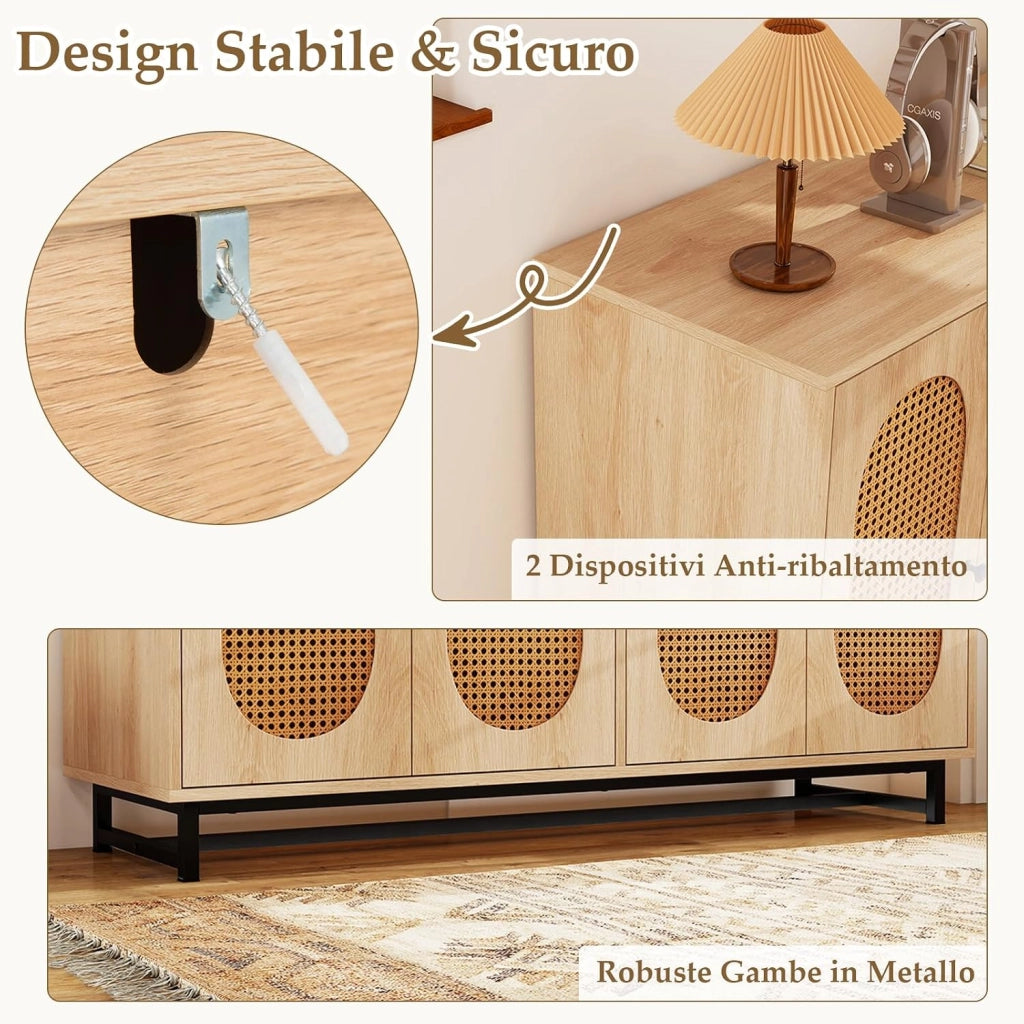 Credenza in Rattan, Armadio a Buffet con 4 Ante, Ripiani Regolabili in 3 Posizioni e Gambe in Metallo, Mobile Contenitore in Legno per Cucina, Sala da Pranzo e Soggiorno, 126 x 40 x 81 cm