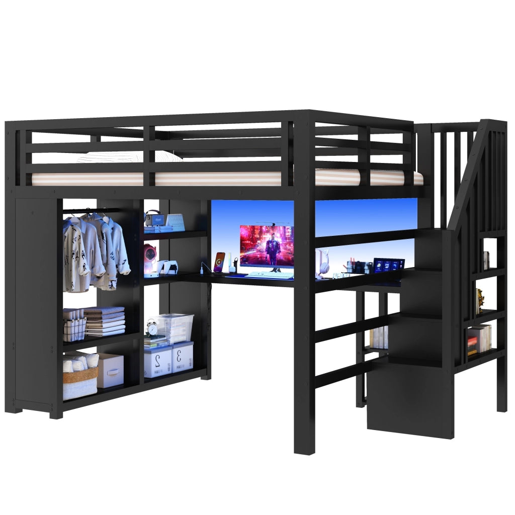 Letto a soppalco letto matrimoniale 160×200 cm con LED; USB; scrivania; armadio aperto; scala; senza materasso; metallo nero