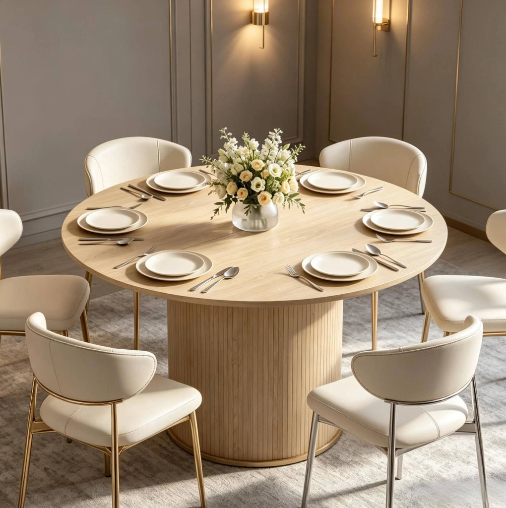 Tavolo da pranzo rotondo Ø 120 cm in finitura legno naturale con base cilindrica scanalata