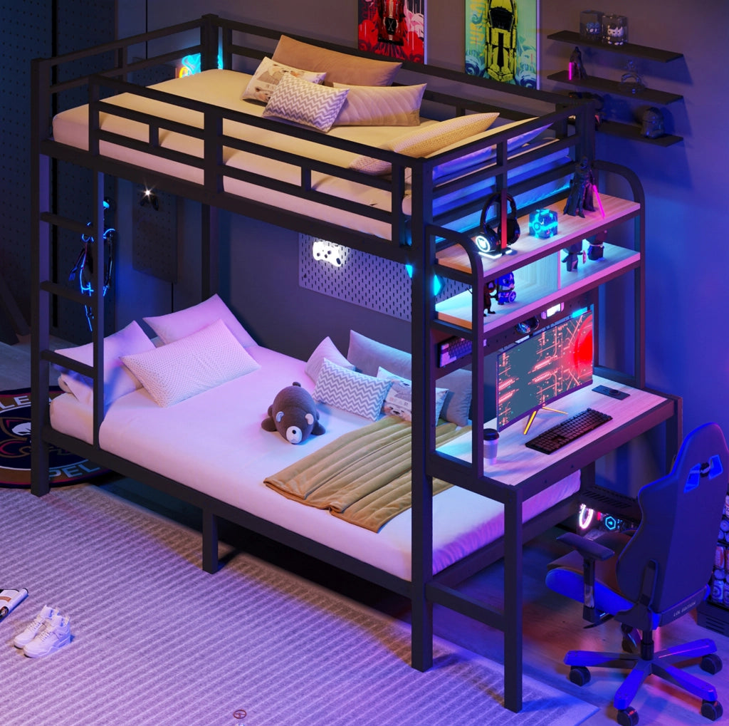 Letto a castello 90x200 cm nero metallo e MDF - scrivania LED e USB