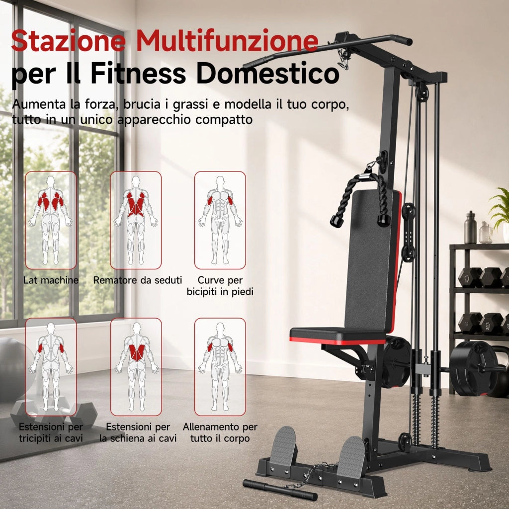 Stazione di Fitness Multifunzionale per Casa,Macchina per Muscolazione con Pulegge,Lat Machine Rematore Seduto Curl Bicipiti