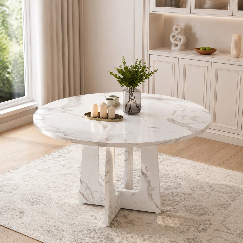 Tavolo da pranzo rotondo ?120 cm in MDF con decoro marmo bianco