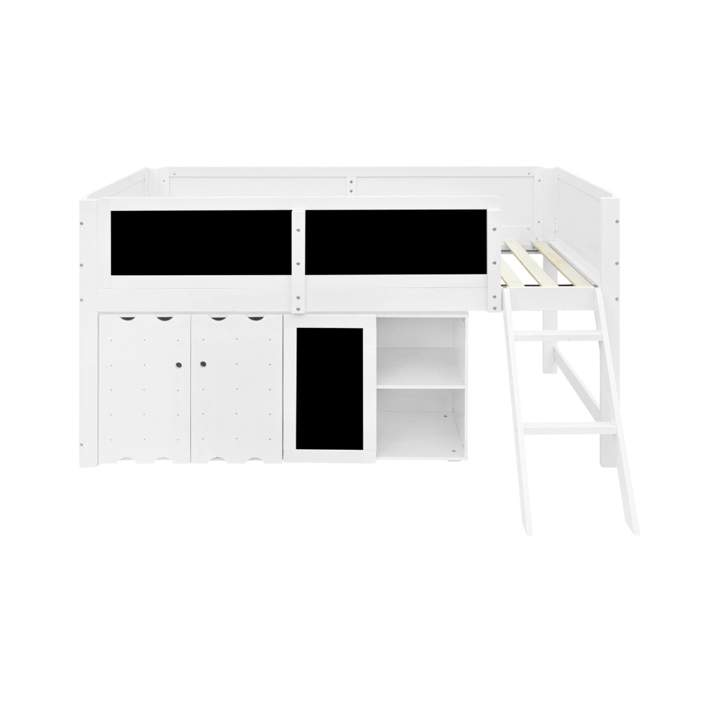 Letto a soppalco per bambini 90 × 200 cm con armadio a 2 ante, lavagna e scala inclinata, senza materasso, bianco