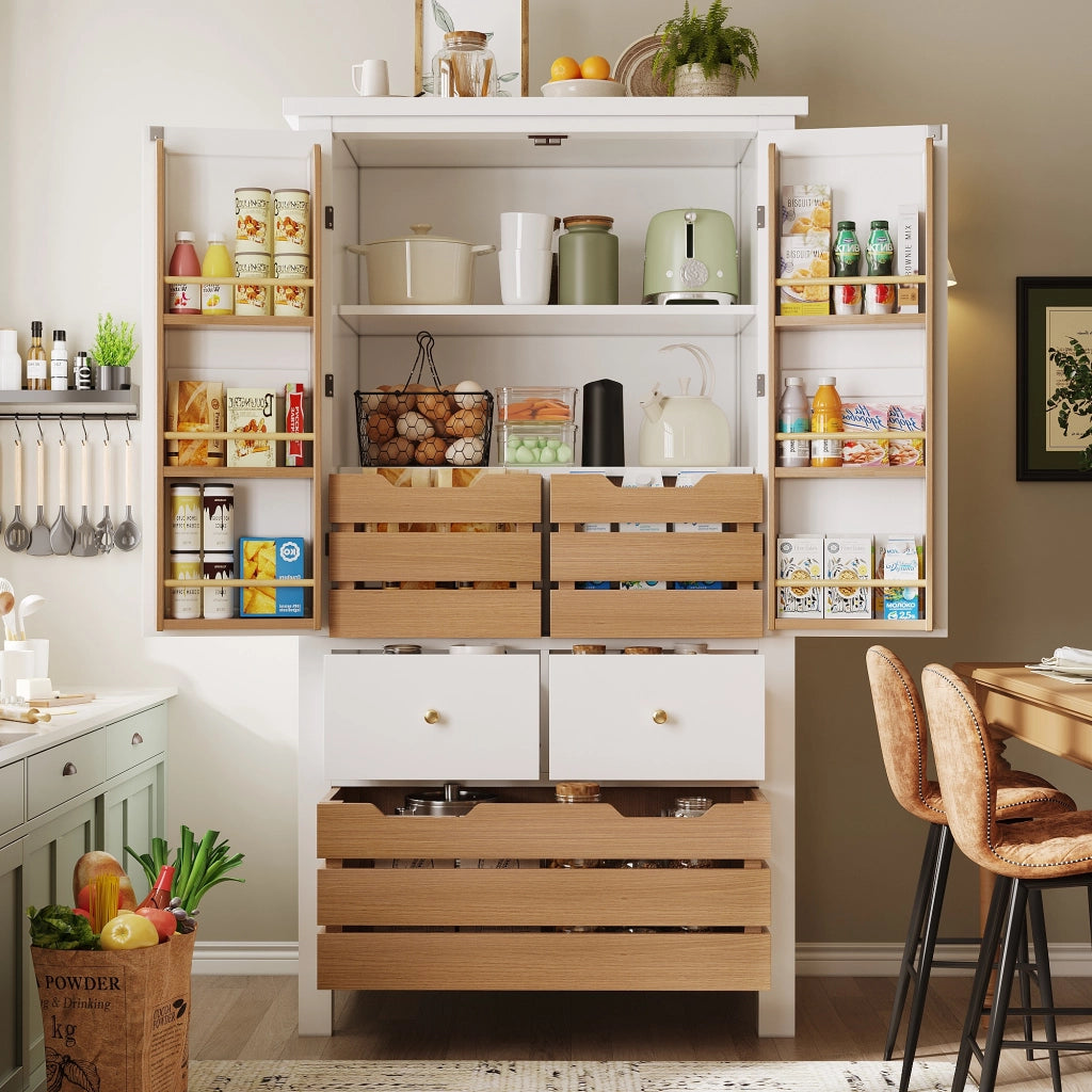 OKWISH Credenza da Cucina Alta con 2 Ante, 5 Cassetti e 2 Ripiani, Chiusura Magnetica, MDF, Bianca, 80 x 40 x 140 cm
