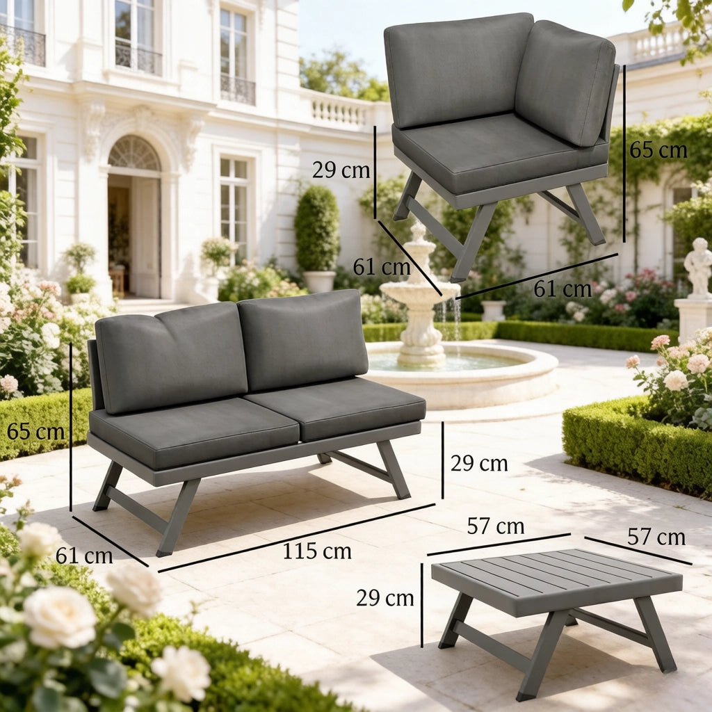 Set da giardino angolare 5 posti con tavolino in acciaio e alluminio grigio