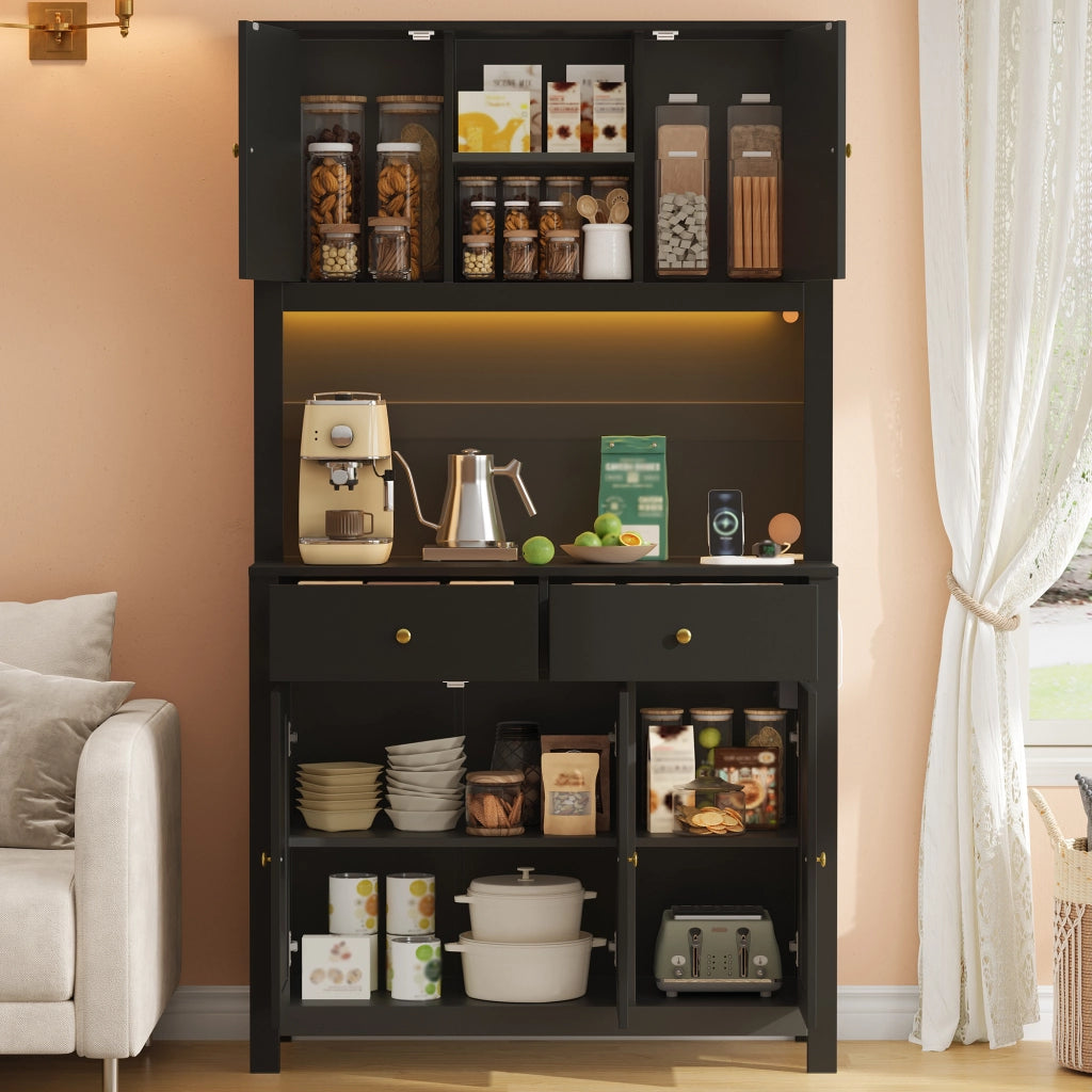 Mobile Dispensa 100x40x180 cm Nero con LED RGB App, 5 Ante Rattan, 2 Cassetti, 2 Prese e 2 USB