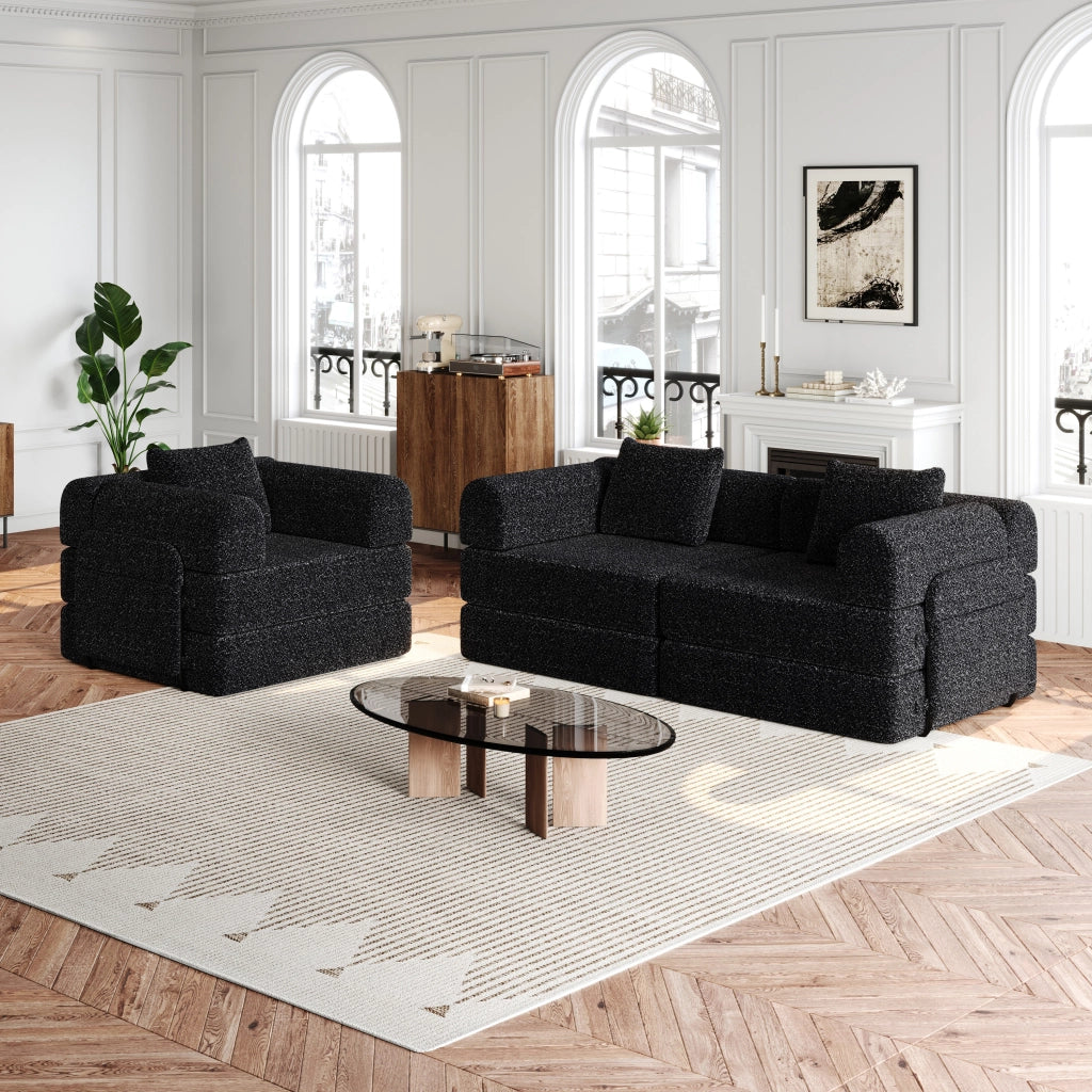 Divano letto singolo modulare 2 in 1 con vano portaoggetti nel bracciolo e base antiscivolo, in ciniglia nera