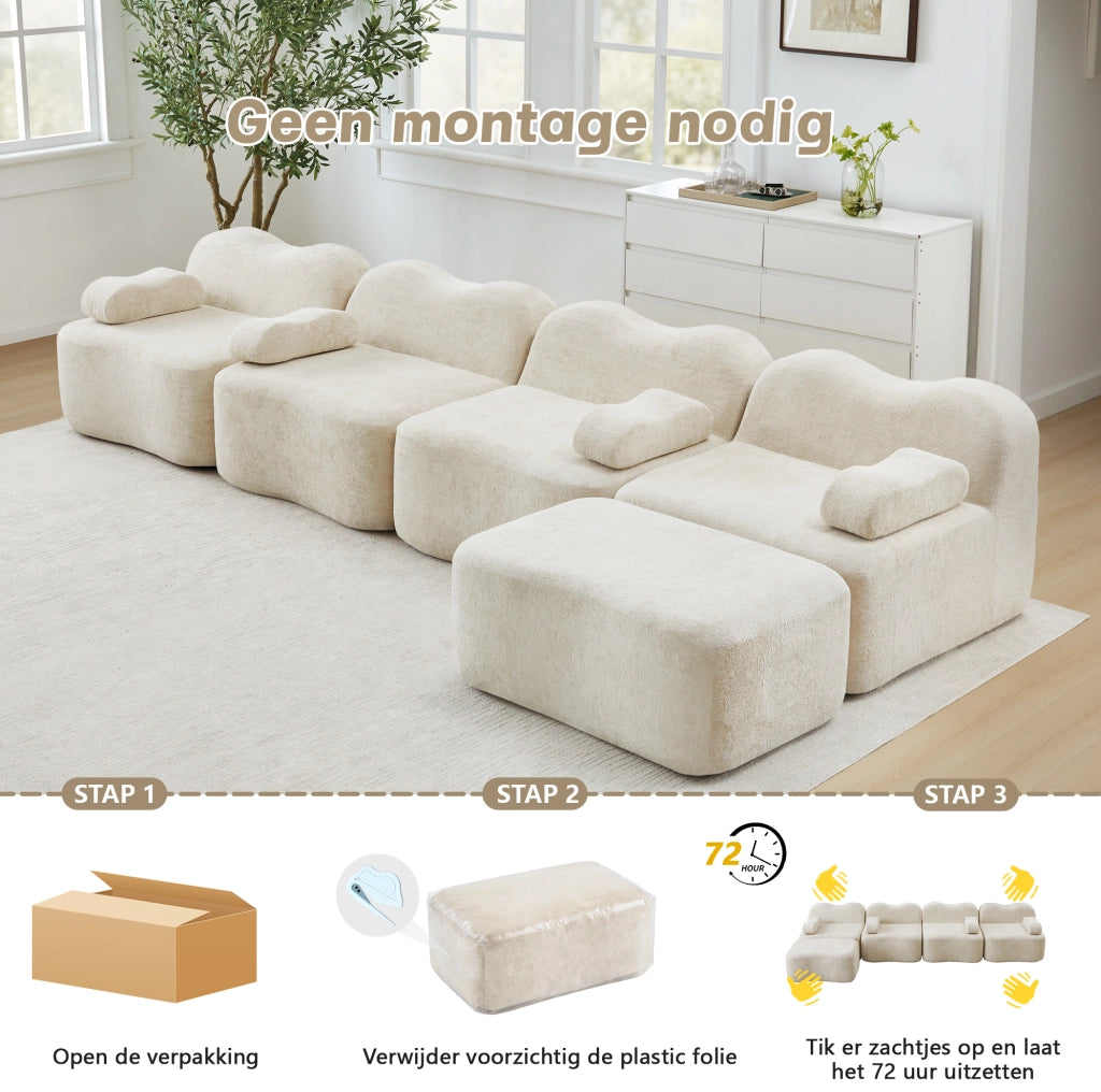 Divano modulare 2 posti con 2 pouf, schiuma ad alta densità 32D, rivestimento in velluto beige, ideale per soggiorno e appartamenti