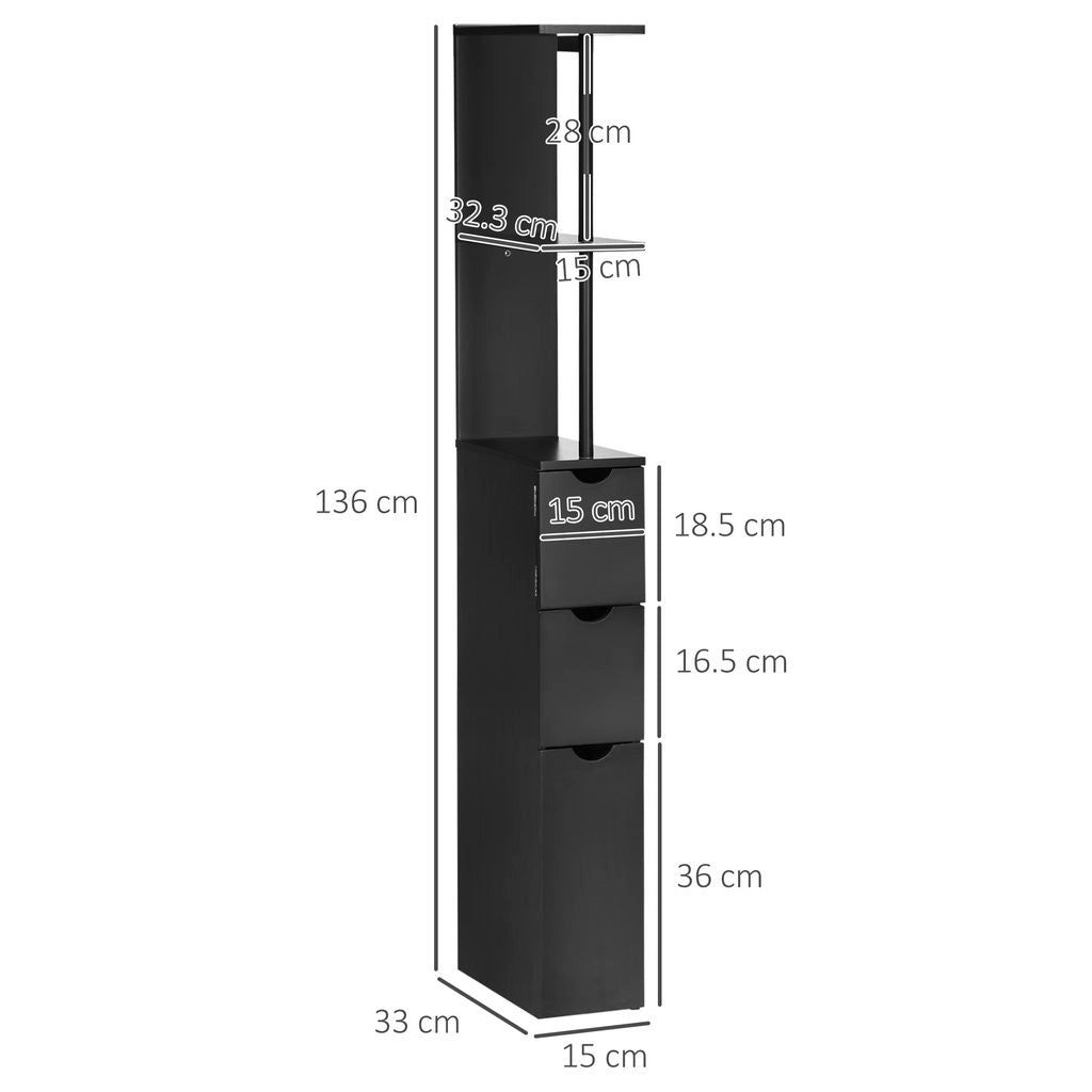 MOBILE COLONNA SALVASPAZIO IN LEGNO CON RIPIANI E CASSETTI 15X33X136CM NERO