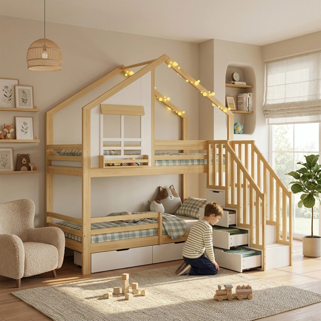 Letto a castello per bambini 90x200 cm in pino e MDF; a casetta; bianco e naturale; con scala contenitore e cassetti