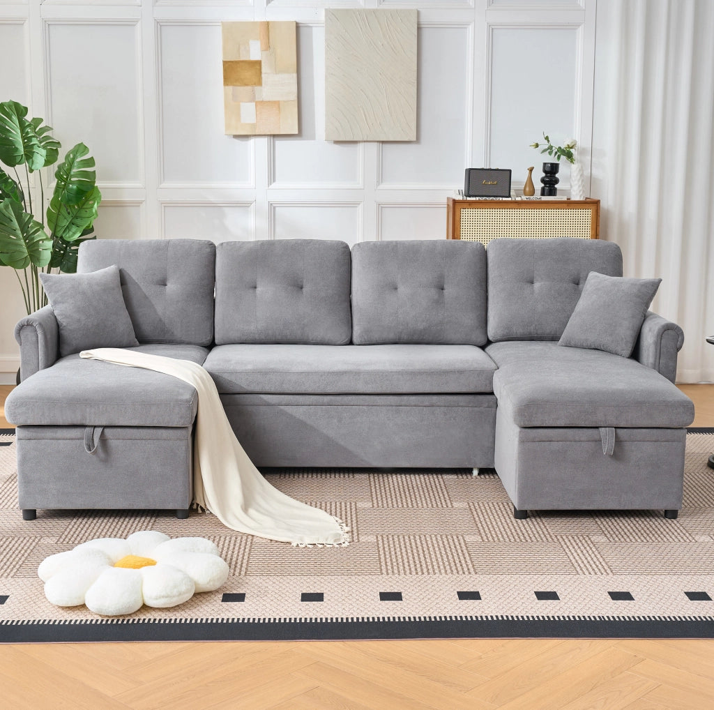 Divano angolare a U con funzione letto e contenitore, grande divano in ciniglia grigio per soggiorno o camera ospiti
