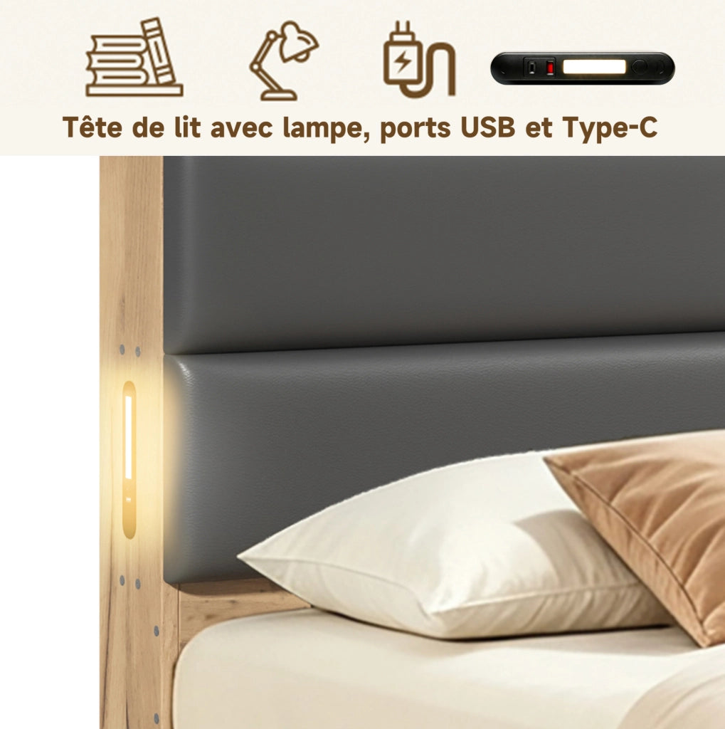 Letto ULEVR 140x200 cm con cassetti, vani estraibili, luce notturna LED, USB e USB-C, naturale