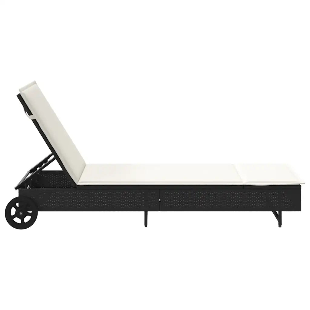 Lettino Prendisole con Ruote e Cuscino in Polyrattan Nero 4104033
