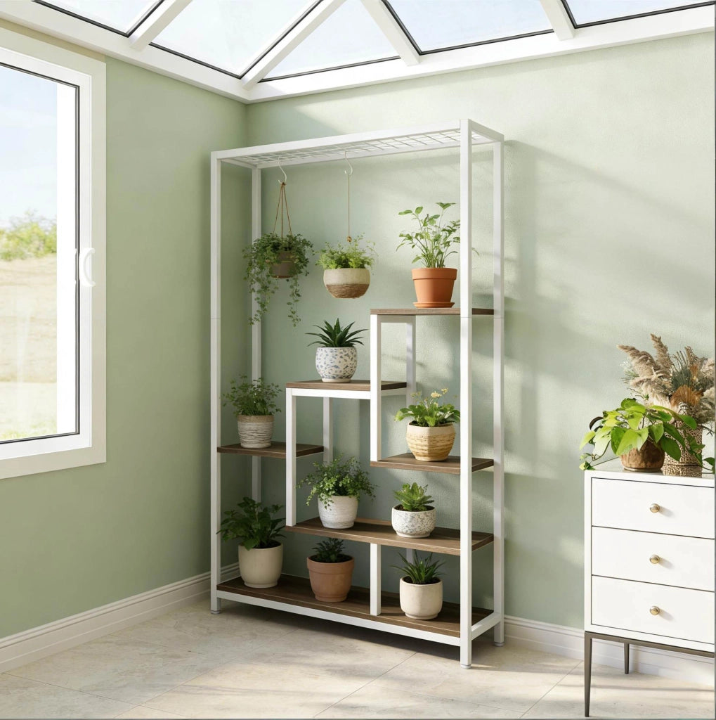 YEAVIO Scaffale per Piante a 5 Livelli con Telaio in Metallo e Ripiani in Truciolato, Porta Piante Interno, Scaffale per Libri e Decorazioni