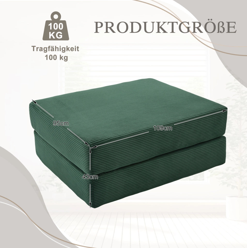 Pouf letto trasformabile 109x95x43 cm in velluto a coste; verde smeraldo