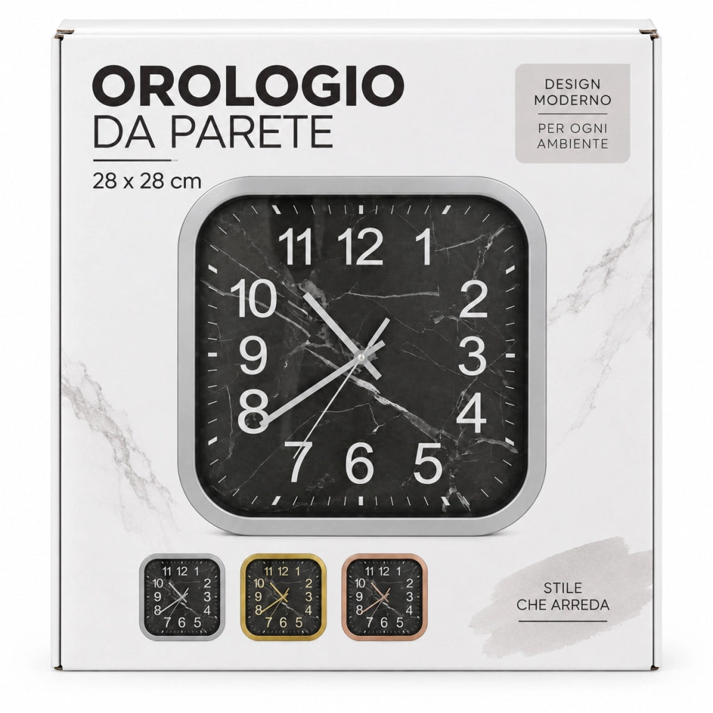 OROLOGIO PARETE QUADRATO 28CM EFFETTO MARMO MODERNO VARI COLORI CASA STUDIO