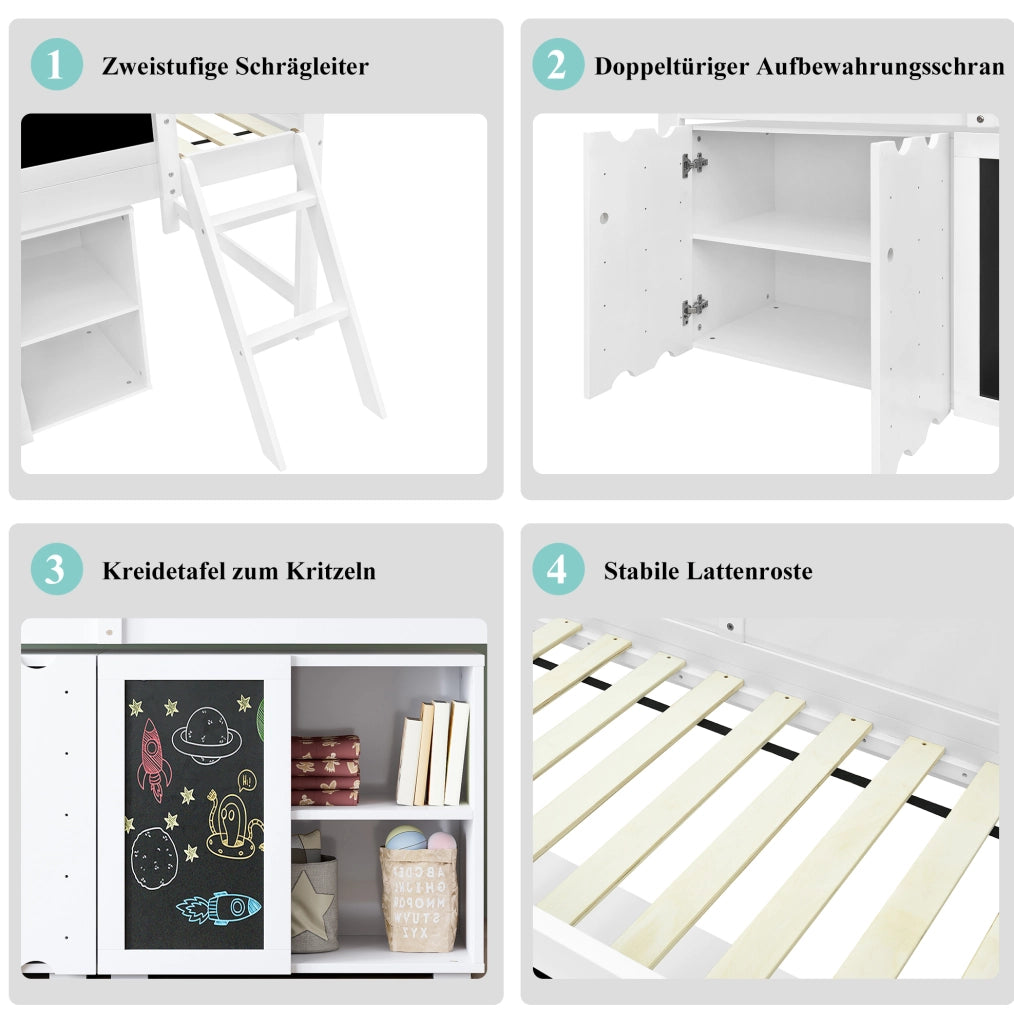 Letto a soppalco bambini 90x200 cm con armadio e lavagna