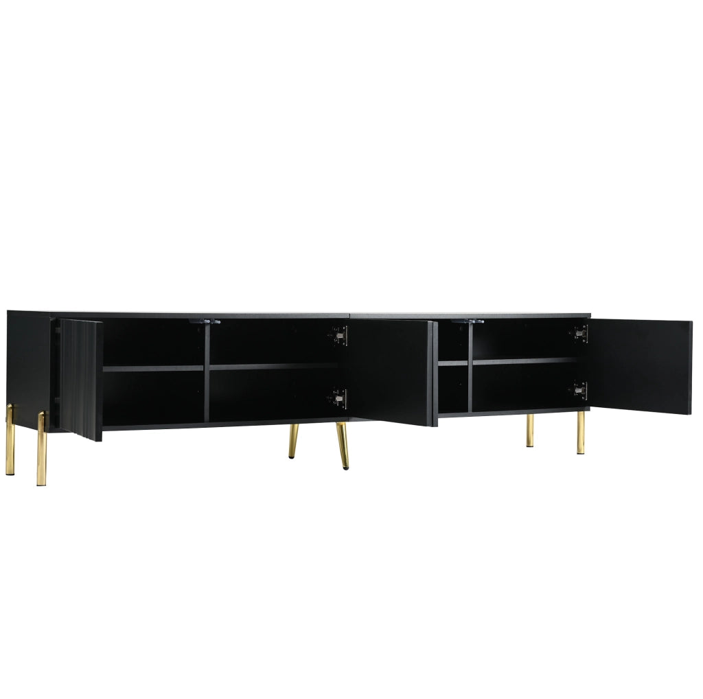 Mobile TV 190x38x48 cm con 4 ante, 8 ripiani e gambe dorate in MDF e truciolare nero