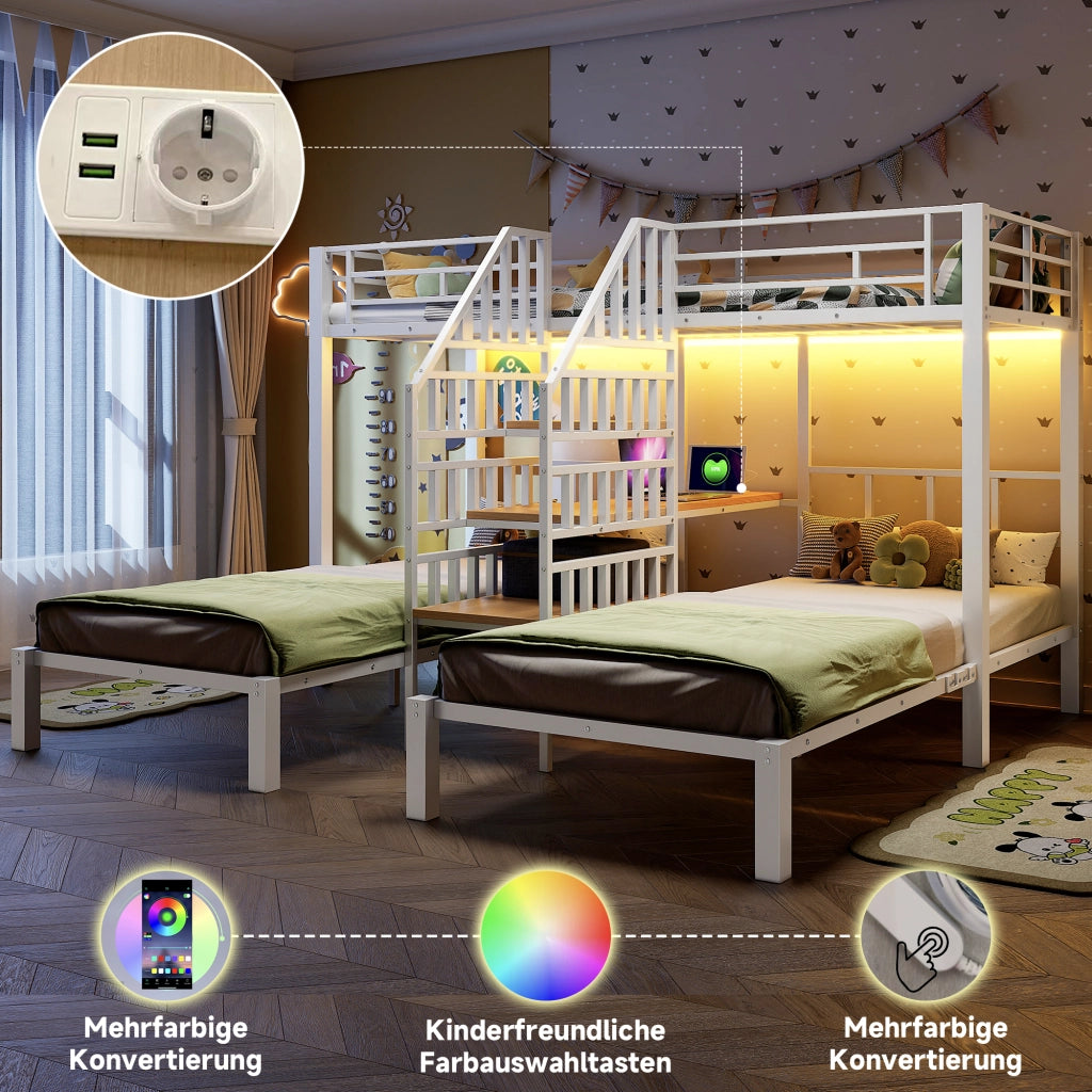 Letto a castello triplo 90 × 200 cm con LED, scala contenitore, scrivania e prese USB