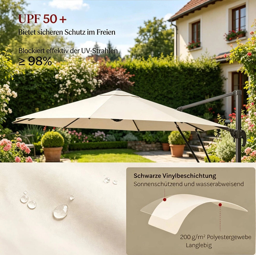 Ombrellone rotondo da balcone beige con base incrociata in metallo, 3 m di diametro, per giardino e terrazza