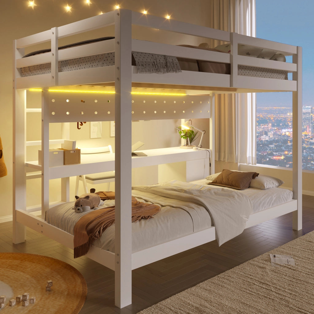 Letto a castello due livelli 140 × 200 cm e 90 × 200 cm con scrivania cassetti e barra LED