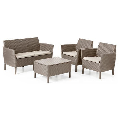 Keter K236632 Salemo Salottino da Esterno Set 4 Pezzi Divano 2 Poltrone Tavolino Contenitore Resina Effetto Rattan colore Cappuccino
