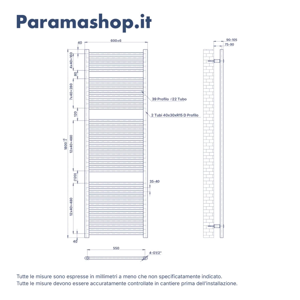 Termoarredo idraulico 1800x600 bianco lucido interasse 550 | Polaris