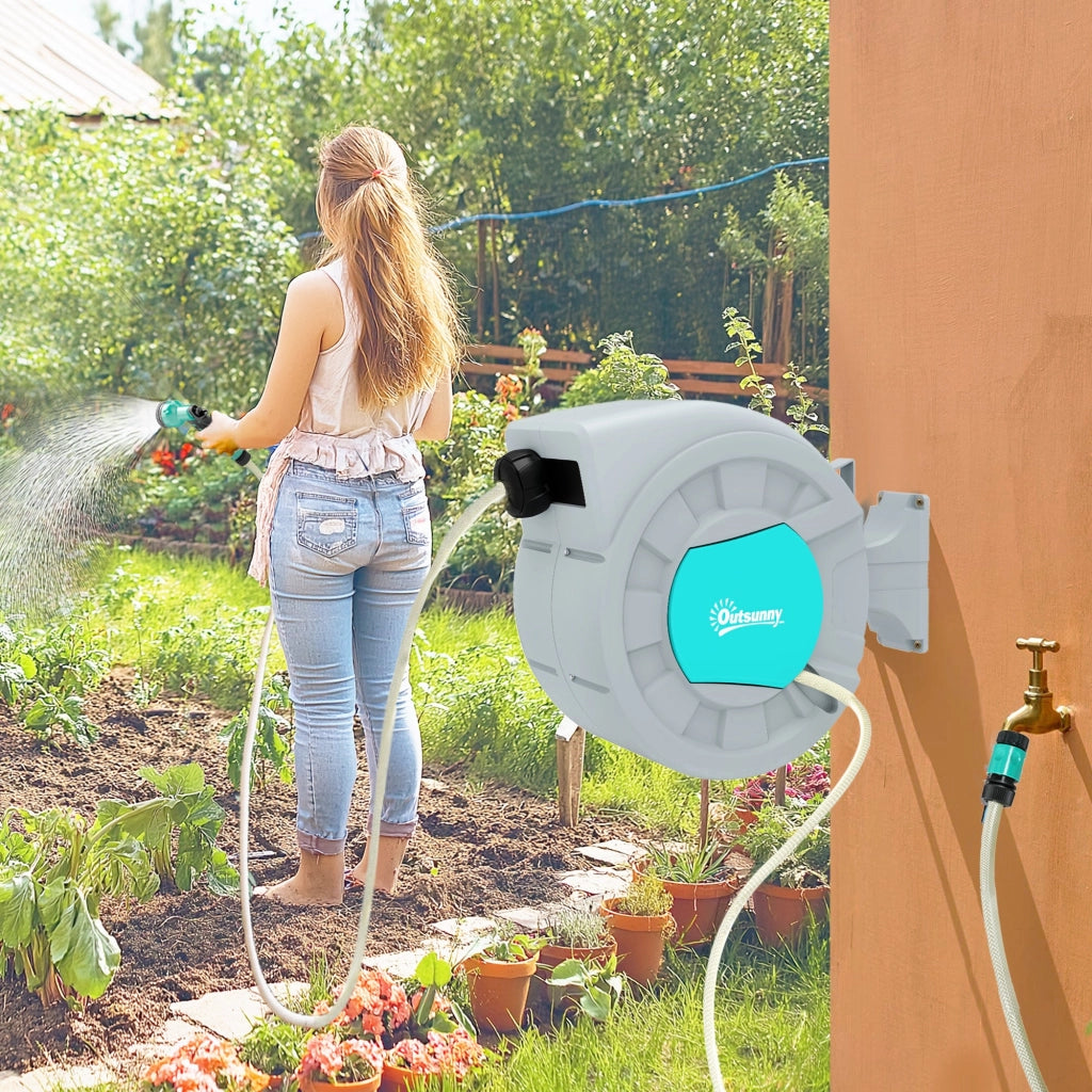 Avvolgitubo Automatico a Parete e Portatile Lunghezza 25+2 m con Sistema di Blocco e 7 Getti Grigio