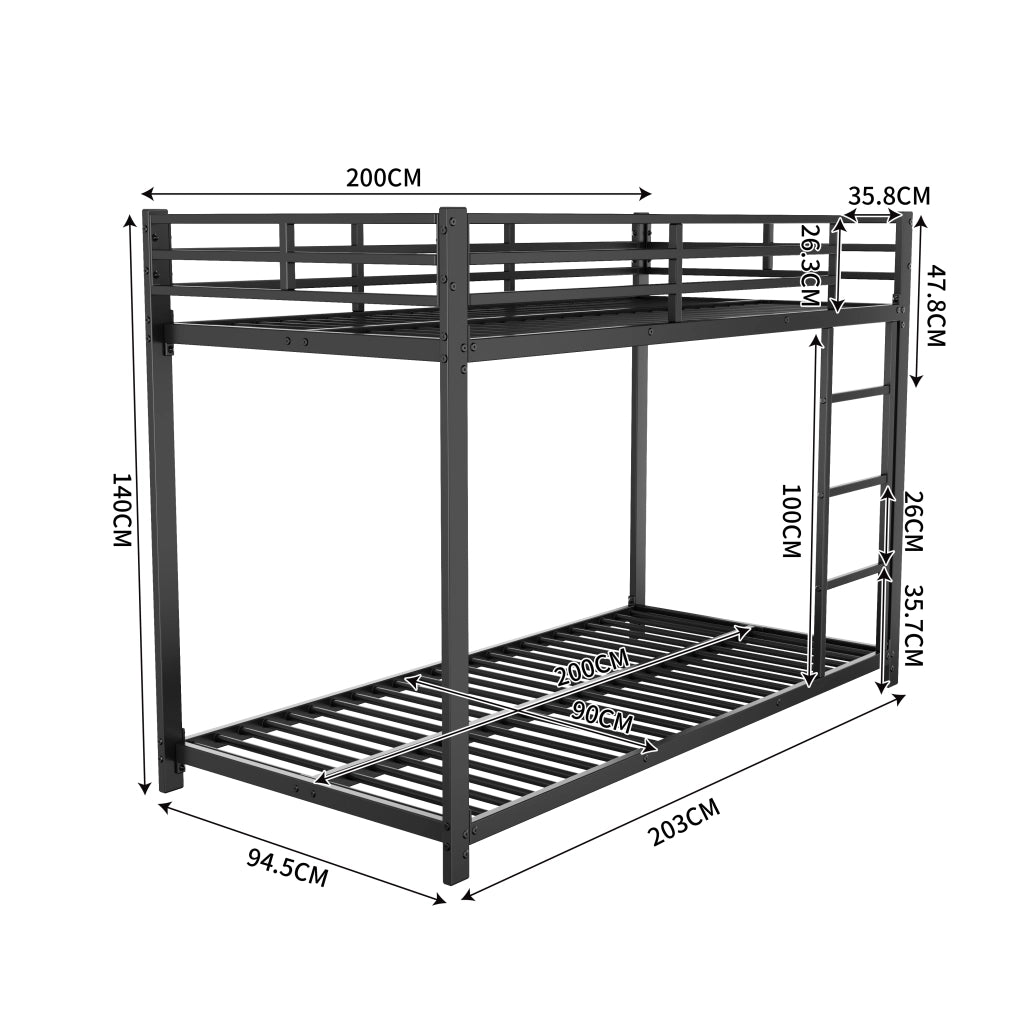 LETTO A CASTELLO 90x200 cm in metallo nero, struttura quadrata