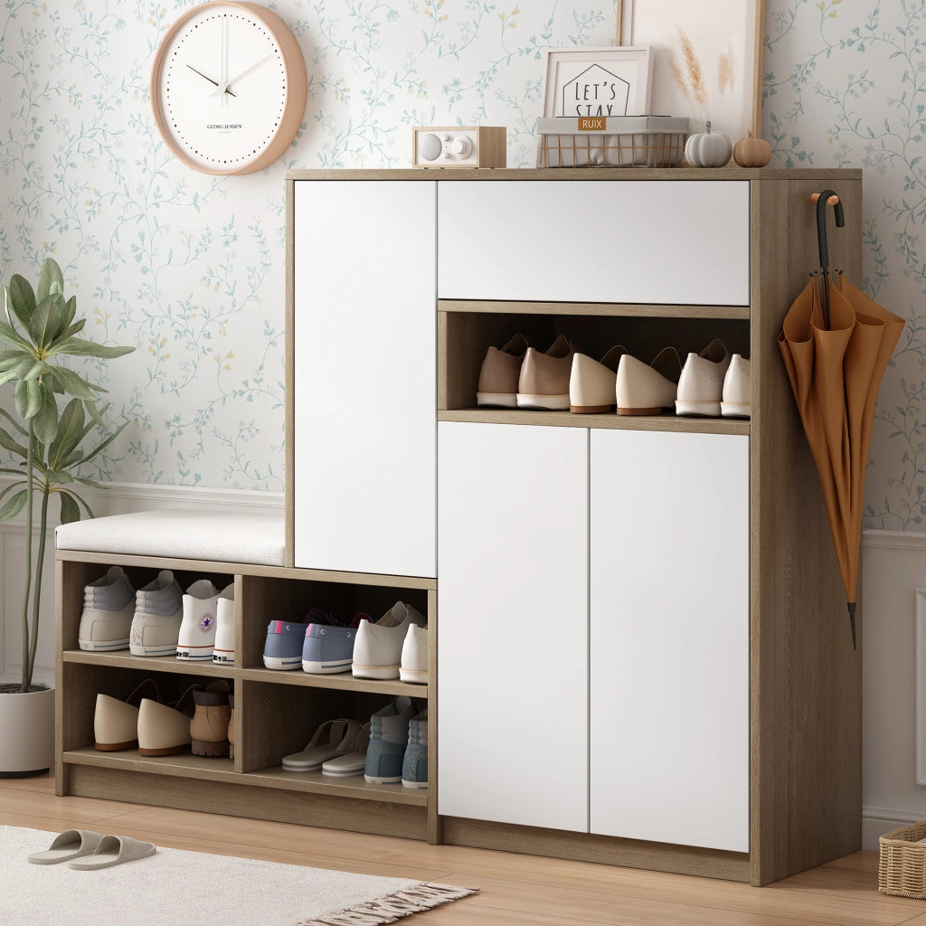 Mobile scarpiera con panca imbottita e ripiani regolabili 140x35x110 cm, bianco