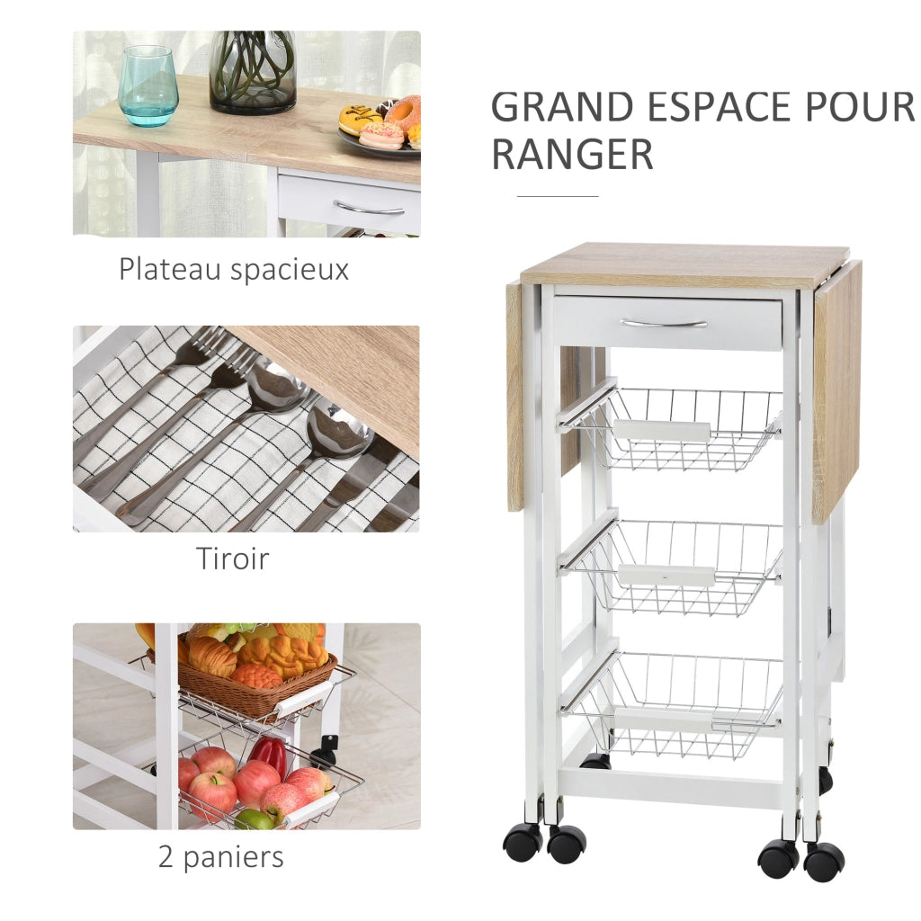 Carrello da cucina con cestini e cassetto ¨C Minimal ¨C metallo bianco quercia chiaro