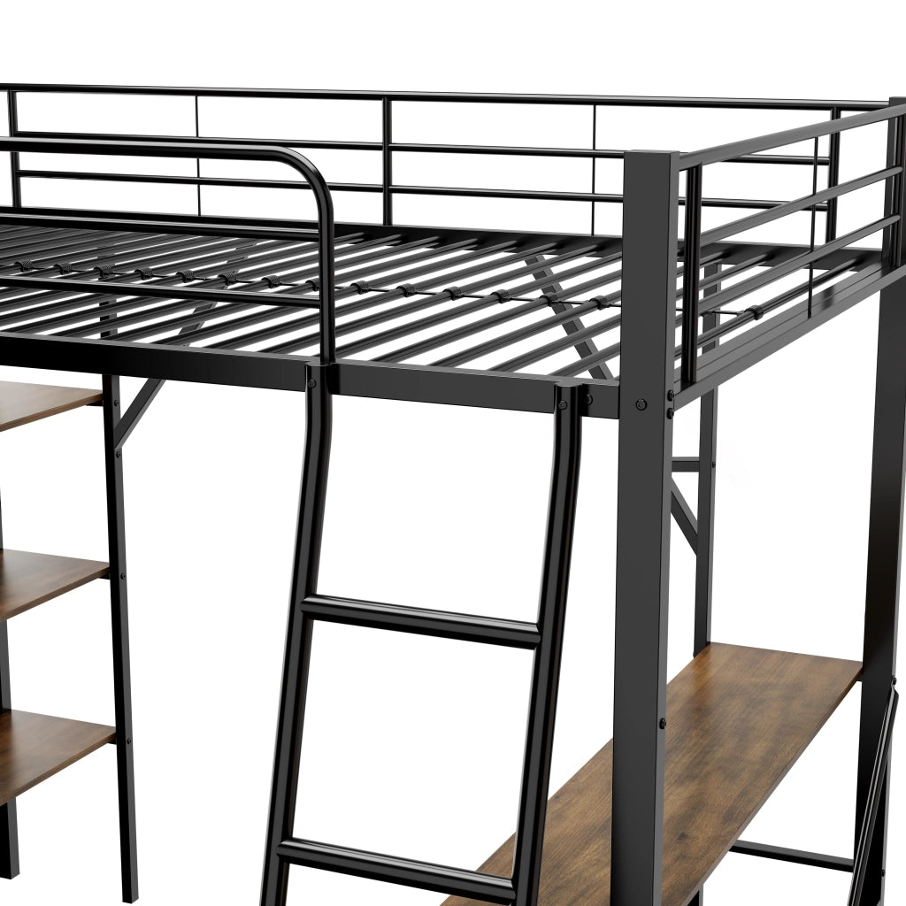 Letto a soppalco 90x200 cm con scrivania e 3 ripiani; struttura in metallo e MDF; nero