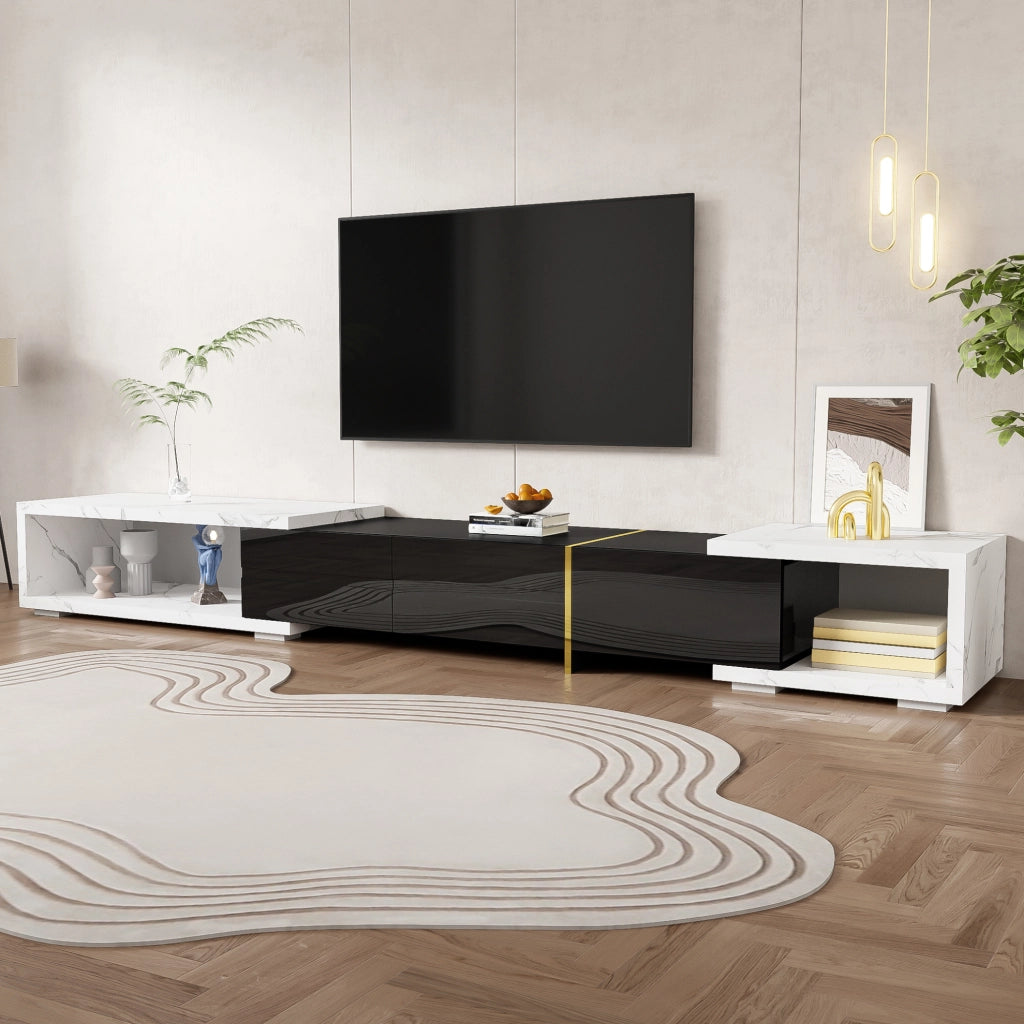 Mobile TV estensibile 140-260 cm girevole in MDF e pannello truciolare nero e marmo bianco