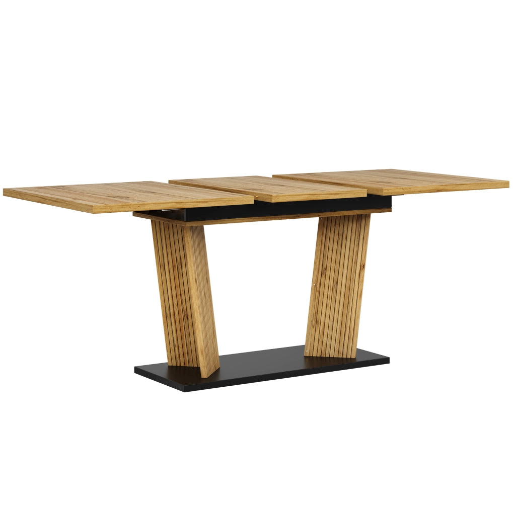 Tavolo da pranzo allungabile ULEVR 120-160x80 cm in MDF color rovere, base a doppia colonna e piedini regolabili