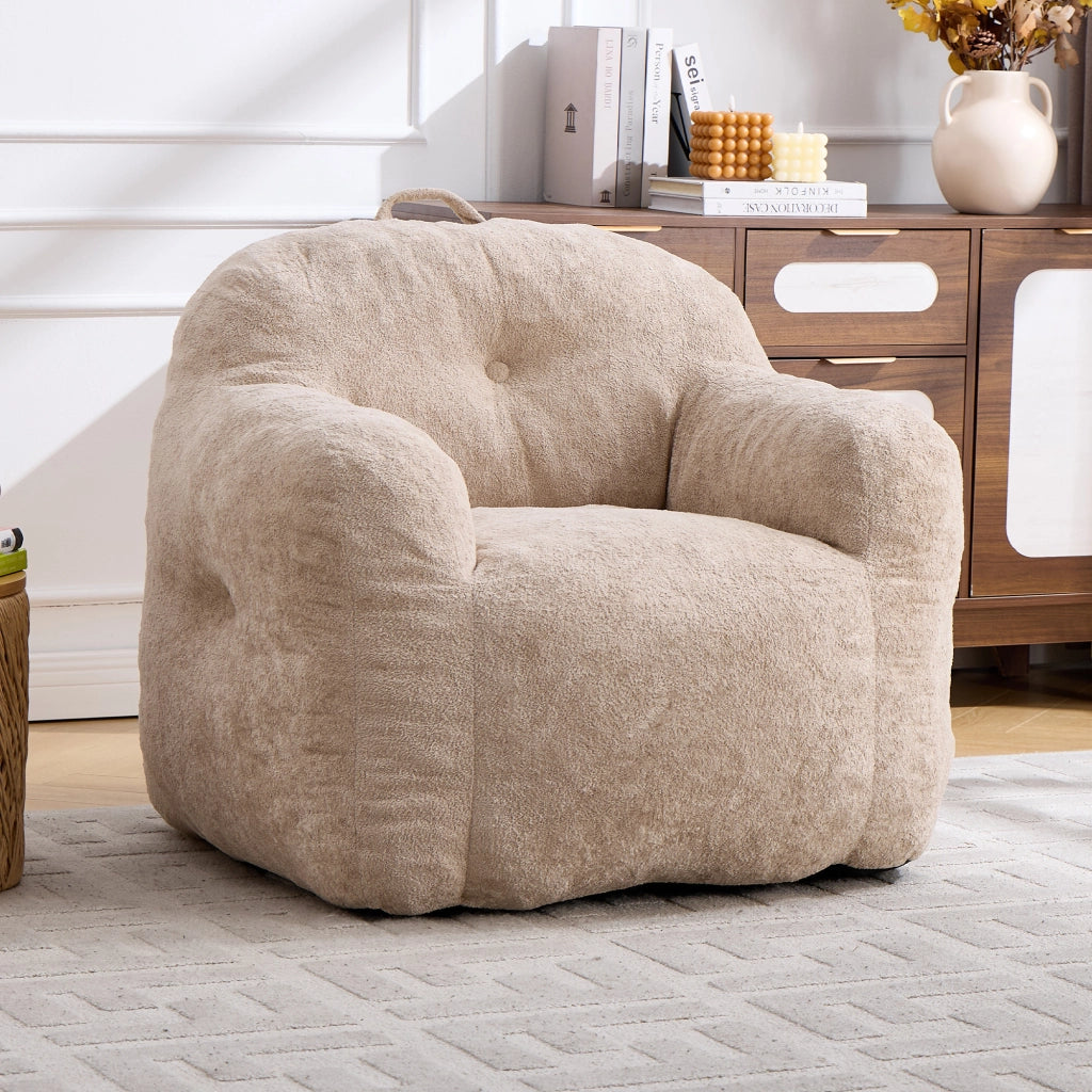 Poltrona pouf ergonomica con braccioli e schiuma sminuzzata, in pelliccia sintetica beige, 49 × 45 × 33 cm