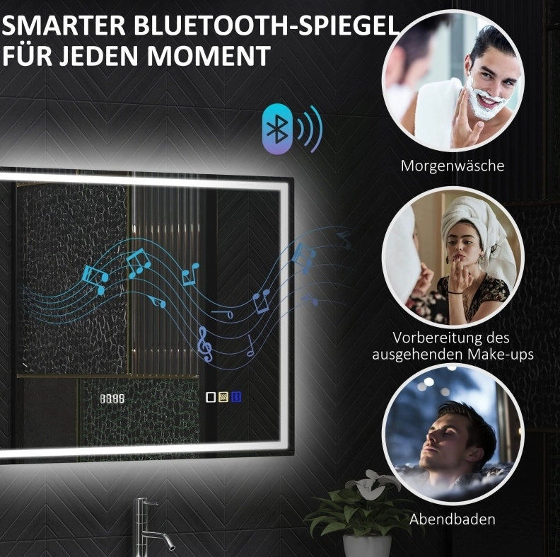 Specchio LED da bagno Bluetooth con orologio e funzione antiappannamento