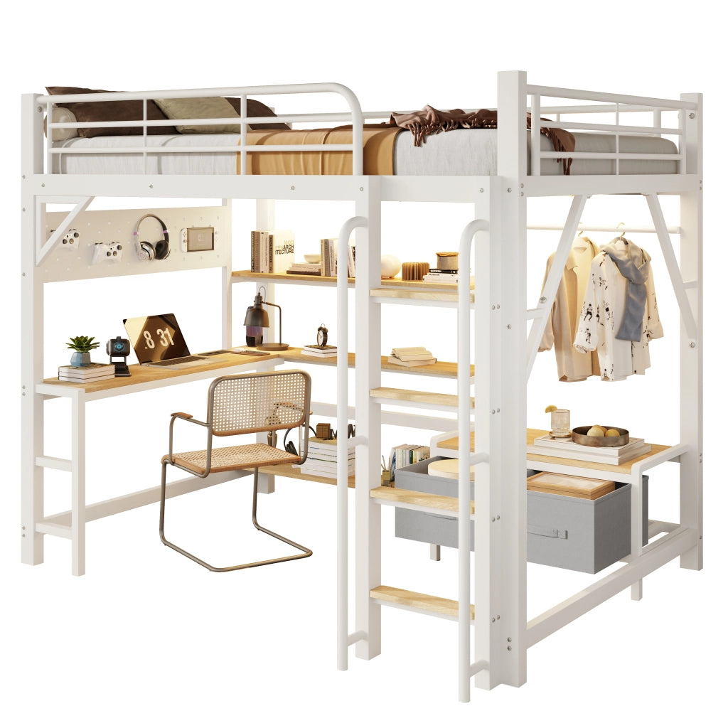 Letto a soppalco 140x200 cm con scrivania; ripiani; LED e USB; metallo e MDF bianco