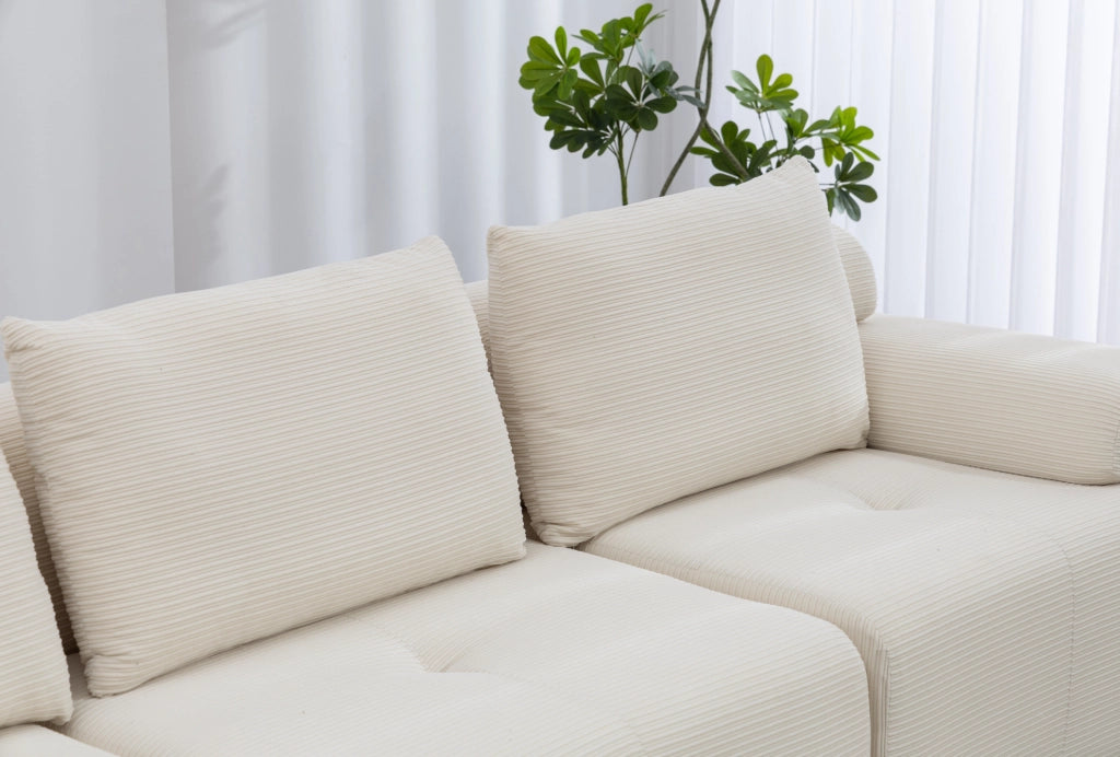 Divano angolare modulare L in tessuto a coste beige con schiuma memory 305 cm