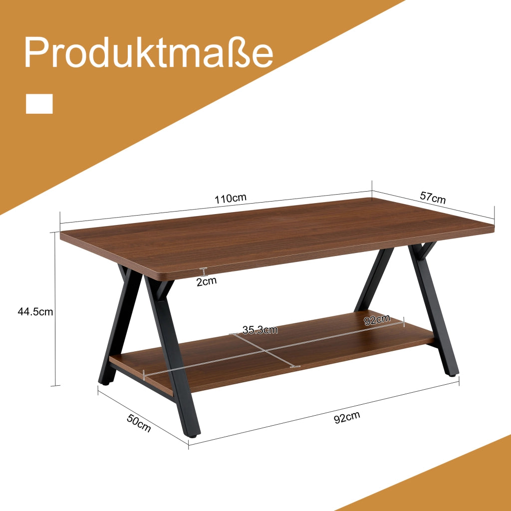 Tavolino basso fisso con ripiano inferiore in MDF effetto noce e struttura metallica nera 110 × 57 × 44.5 cm