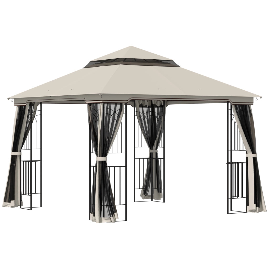 Gazebo da giardino con doppio tetto e 4 pareti in rete removibili struttura in metallo beige 2.99 × 2.99 × 2.74 m