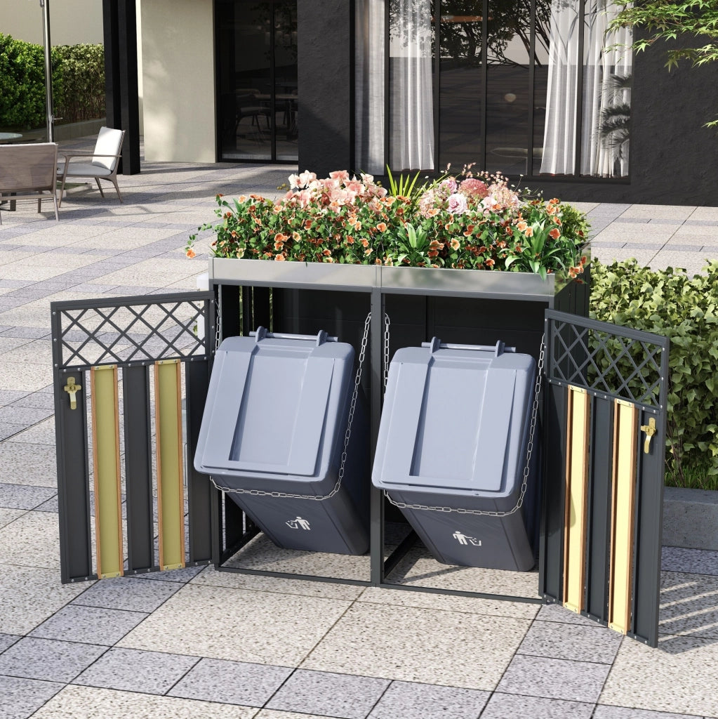 Armadio per bidoni raccolta differenziata con fioriera integrata, struttura in acciaio zincato, design con ventilazione a rombi e finitura effetto legno, chiudibile a chiave