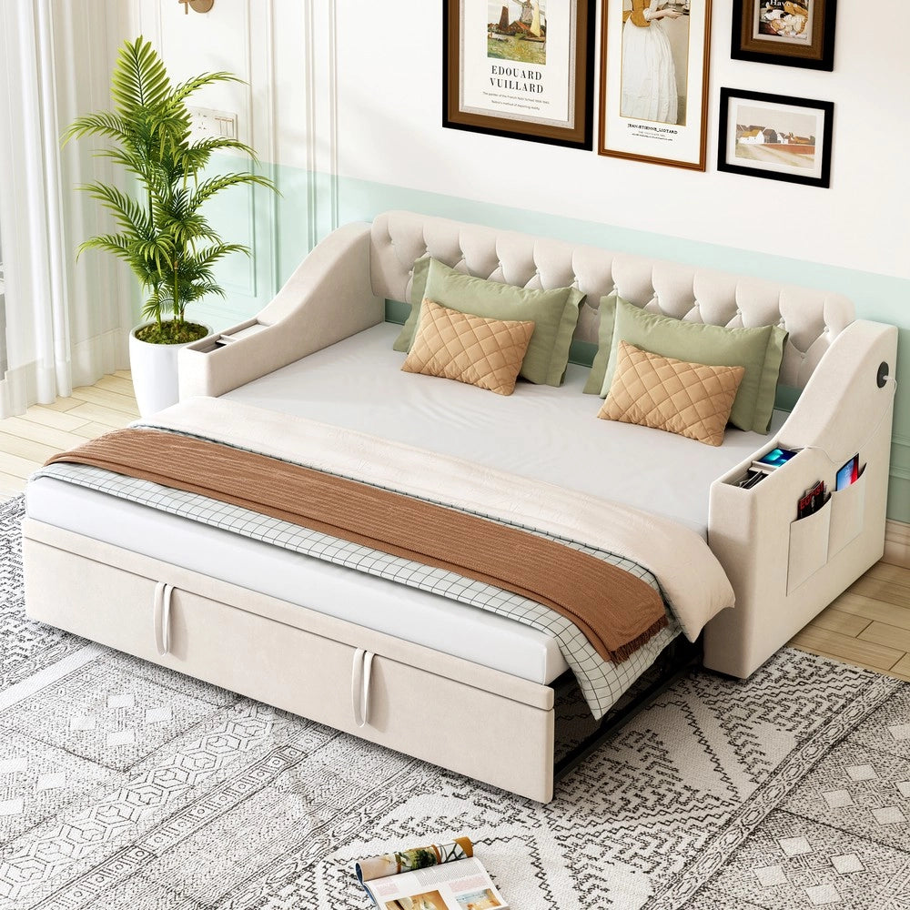 Letto Imbottito con Rete a Doghe e USB ¨C MINIMAL ¨C Velluto Beige 90x190 / 180x190