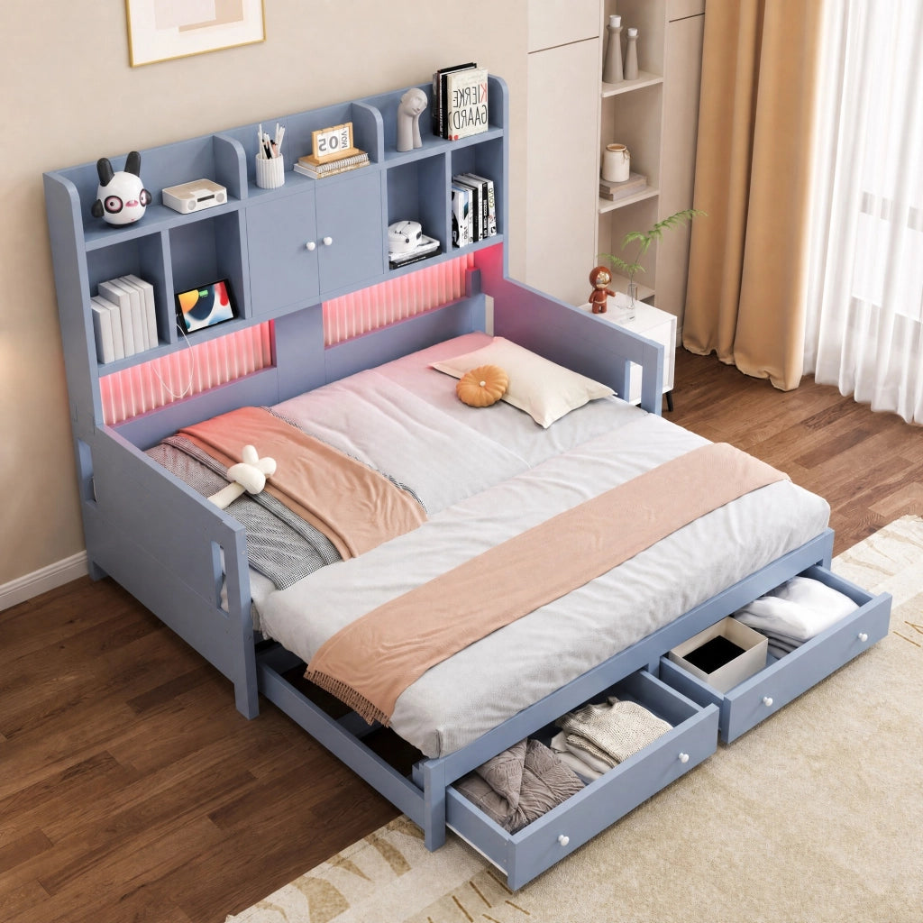 Divano letto estraibile 90x190 cm con cassetti, LED e prese