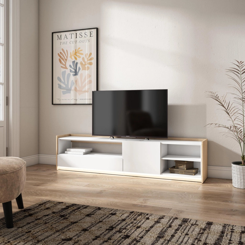 Mobile TV Soggiorno, 207x50x37 cm, Per TV fino a 80", LED, Bianco e Rovere soft