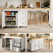 Isola da cucina estraibile con 3 cassetti, ripiani laterali e ruote, piano allungabile fino a 69,5 cm, 116–179,5 cm, bianco/nero