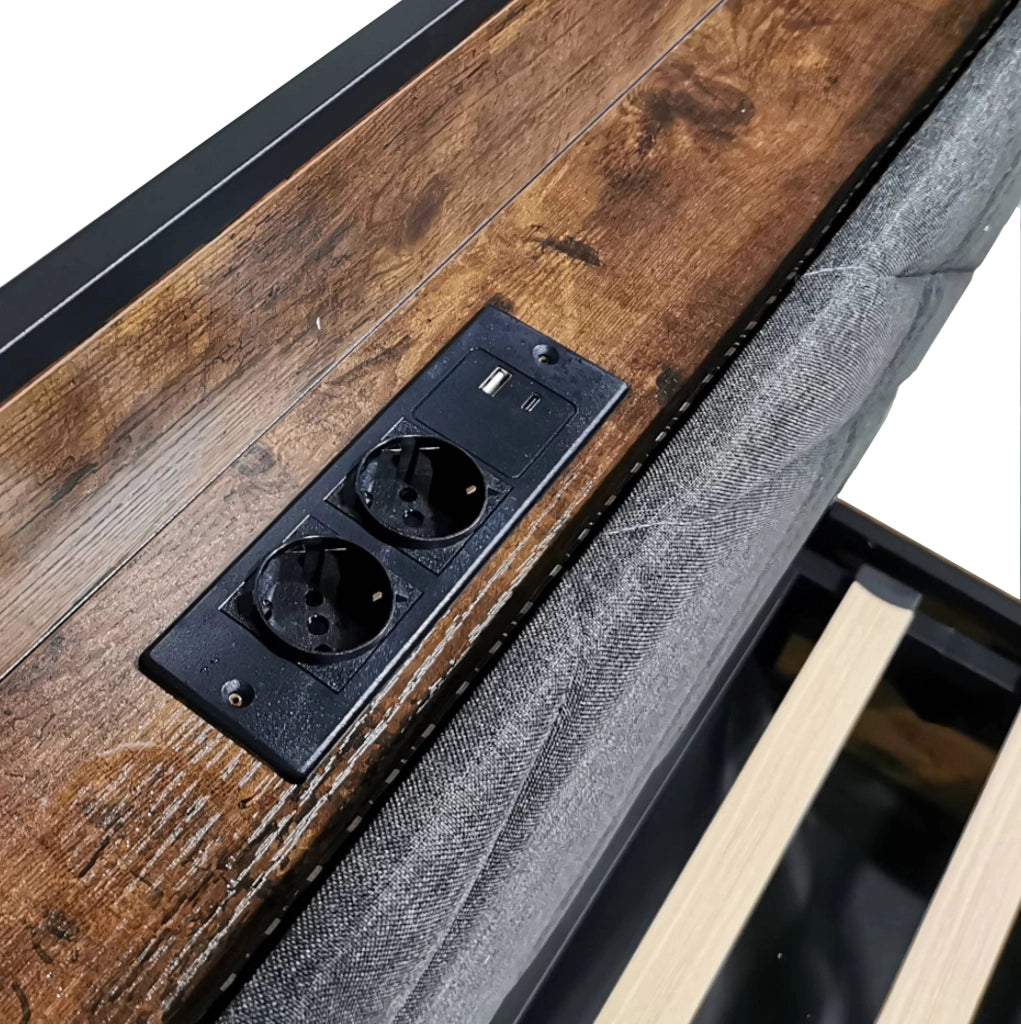 Letto multifunzionale 140x190 cm in ferro; baldacchino removibile; LED; USB e Type-C; nero